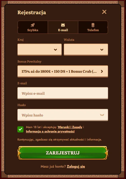 Ekran logowania do panelu gracza w kasynie online